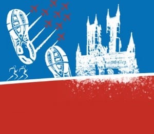 Lincoln 10K advertisment featuring an image of the cathedral, and red arrows - landmark symbols of the county